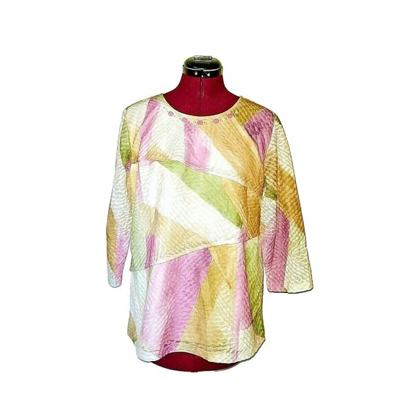 Alfred Dunner Top Multicolor Women Embellished Neckline Size Small 3/4 S… - Picture 1 of 6
